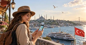 مسافر در ترکیه در حال استفاده از اینترنت موبایل و eSIM با نمای شهری و مسیر سفر