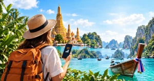 مسافر در تایلند در حال استفاده از اینترنت موبایل و eSIM با نمای شهری تایلند مسافر در تایلند در حال استفاده از اینترنت موبایل و eSIM با نمای شهری تایلند
