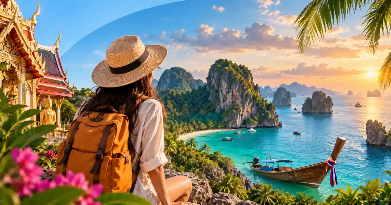 مسافر در تایلند در حال استفاده از اینترنت موبایل و eSIM با نمای شهری تایلند