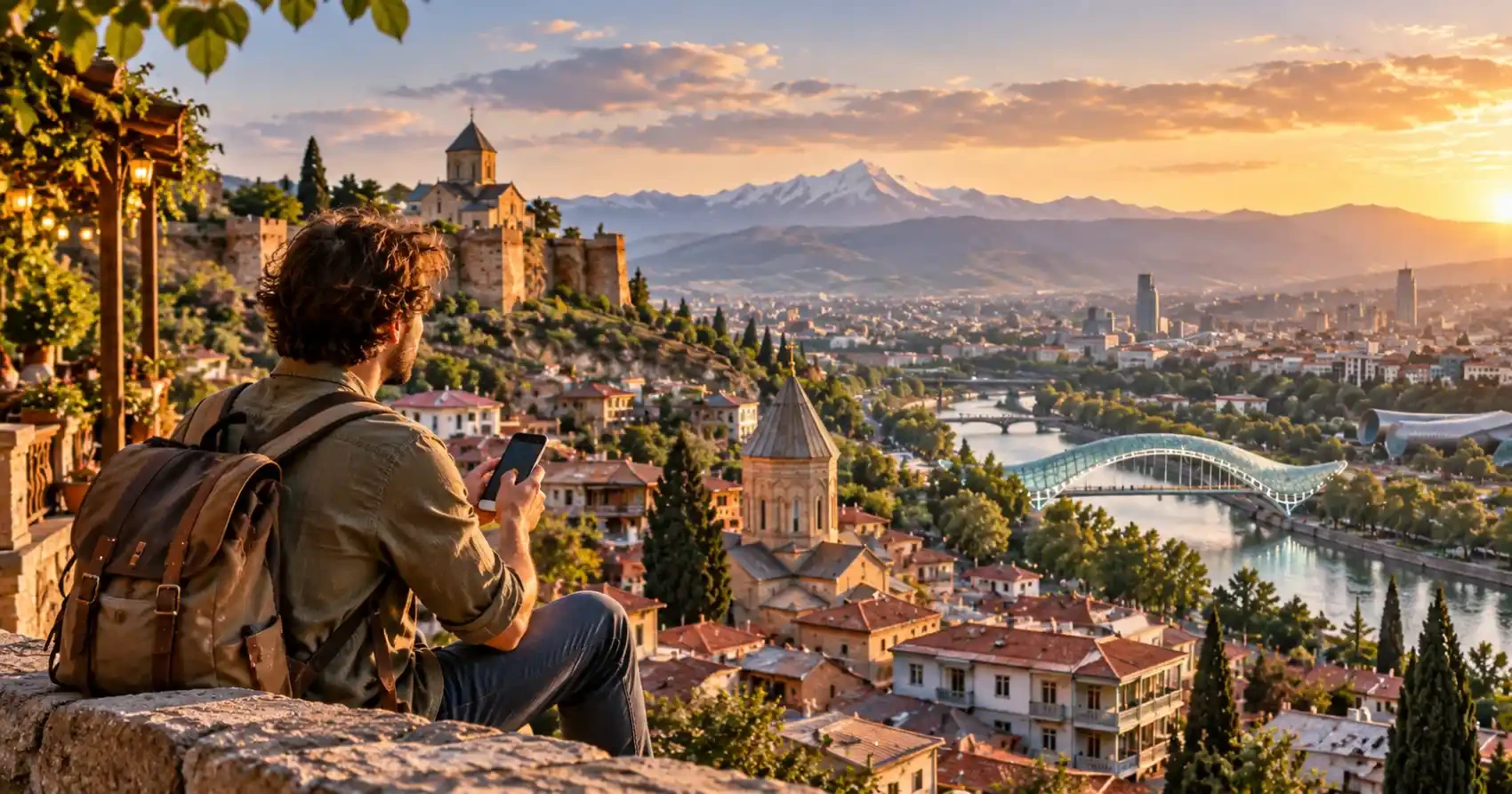 مسافر در گرجستان در حال استفاده از اینترنت موبایل با نمای تفلیس و کوهستانهای قفقاز مسافر در گرجستان در حال استفاده از اینترنت موبایل با نمای تفلیس و کوهستانهای قفقاز